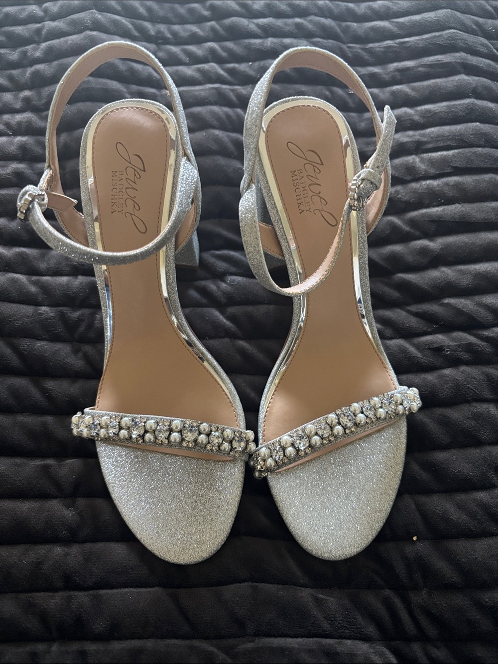 Jewel Badgley Mischka Silver Crystal-Strap Glitter Heels